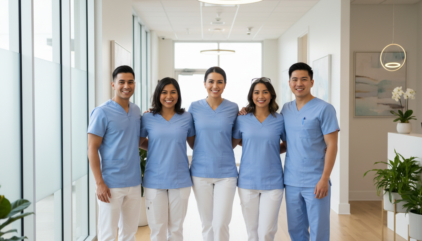 A small care team in blue and white scrubs standing in a bright clinic hallway