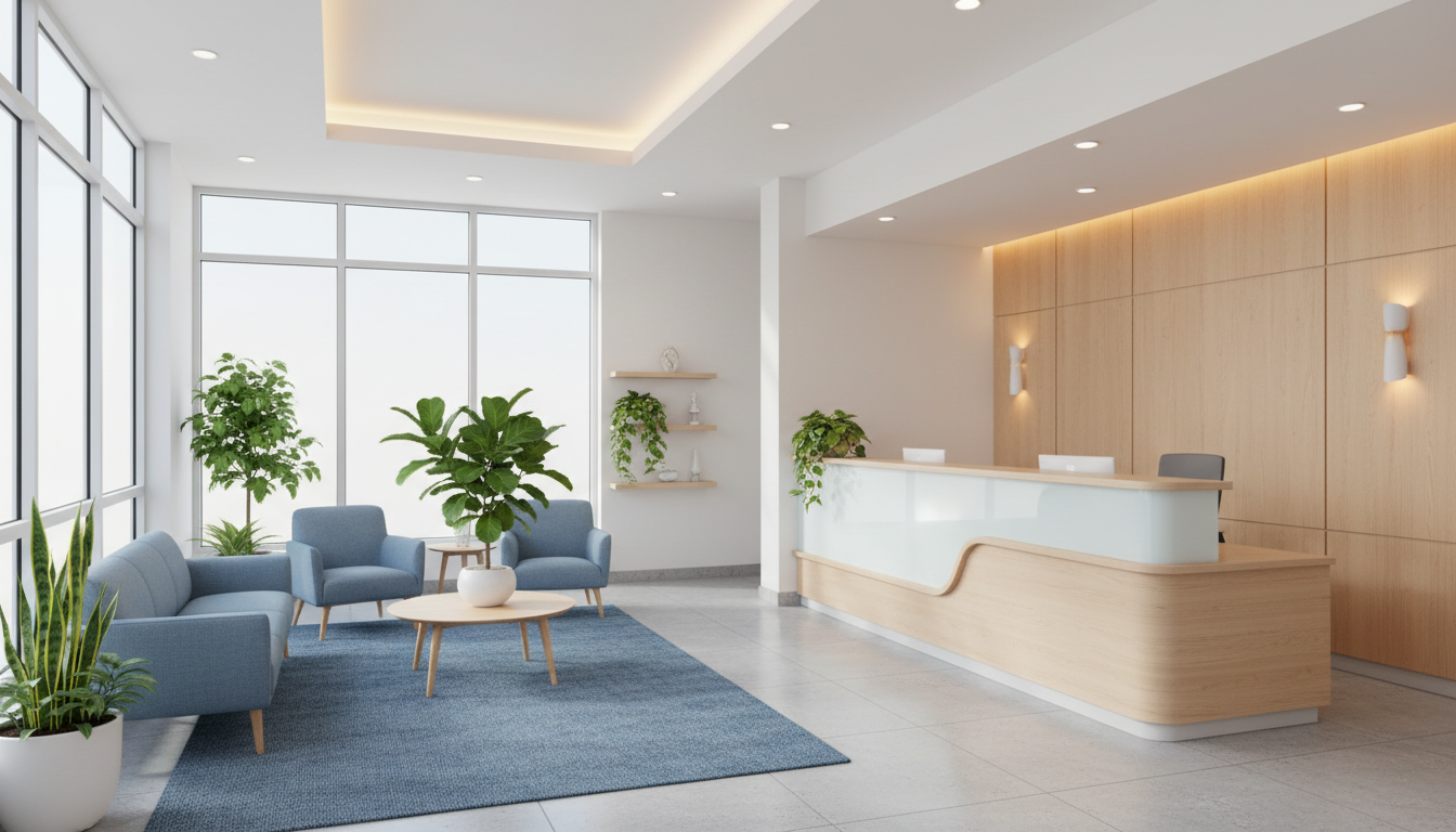 Bright, welcoming clinic reception area with blue accents and natural light