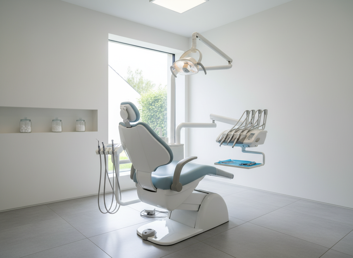 Clean, modern dental treatment room with a light blue chair