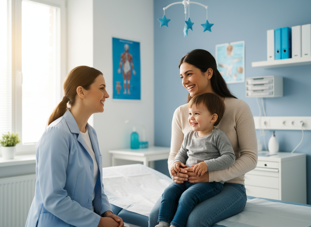 A doctor talking with a parent and child in a bright exam room