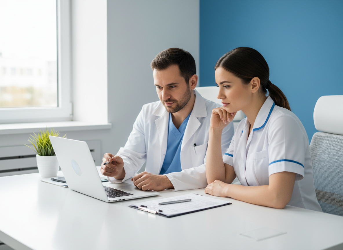 Two healthcare professionals reviewing a referral on a laptop